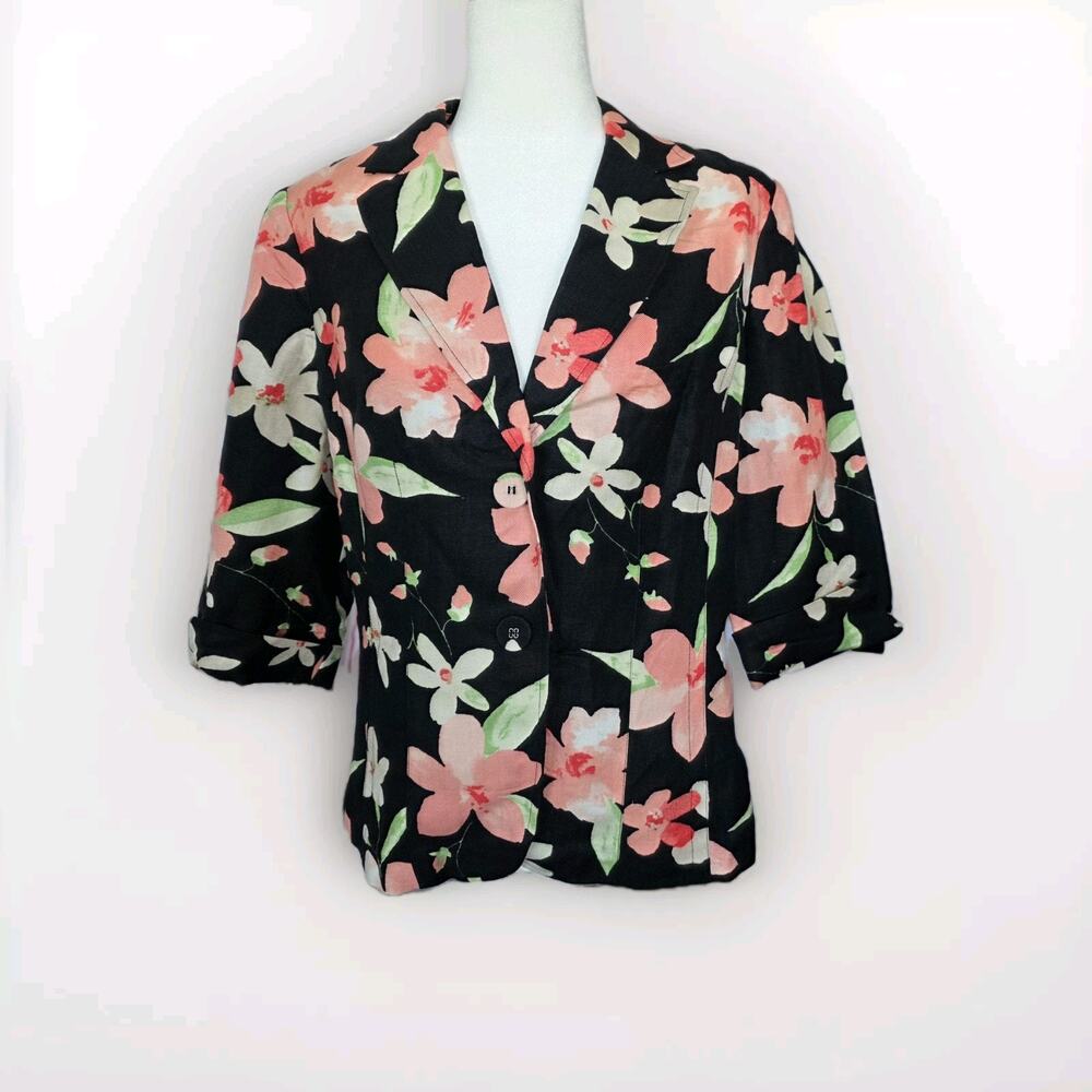 Emma‎ James Size 10 black pink floral lined 3' 4 jacket blazer